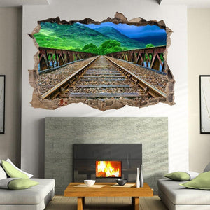 3D Train Tracks Wall Sticker: Sunset Railroad View, Kids Decor