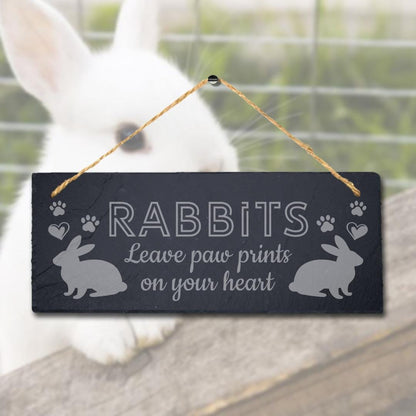 Rabbits Leave Paw Prints On Your Heart Hanging Slate Rabbit Bunny Plaque Sign