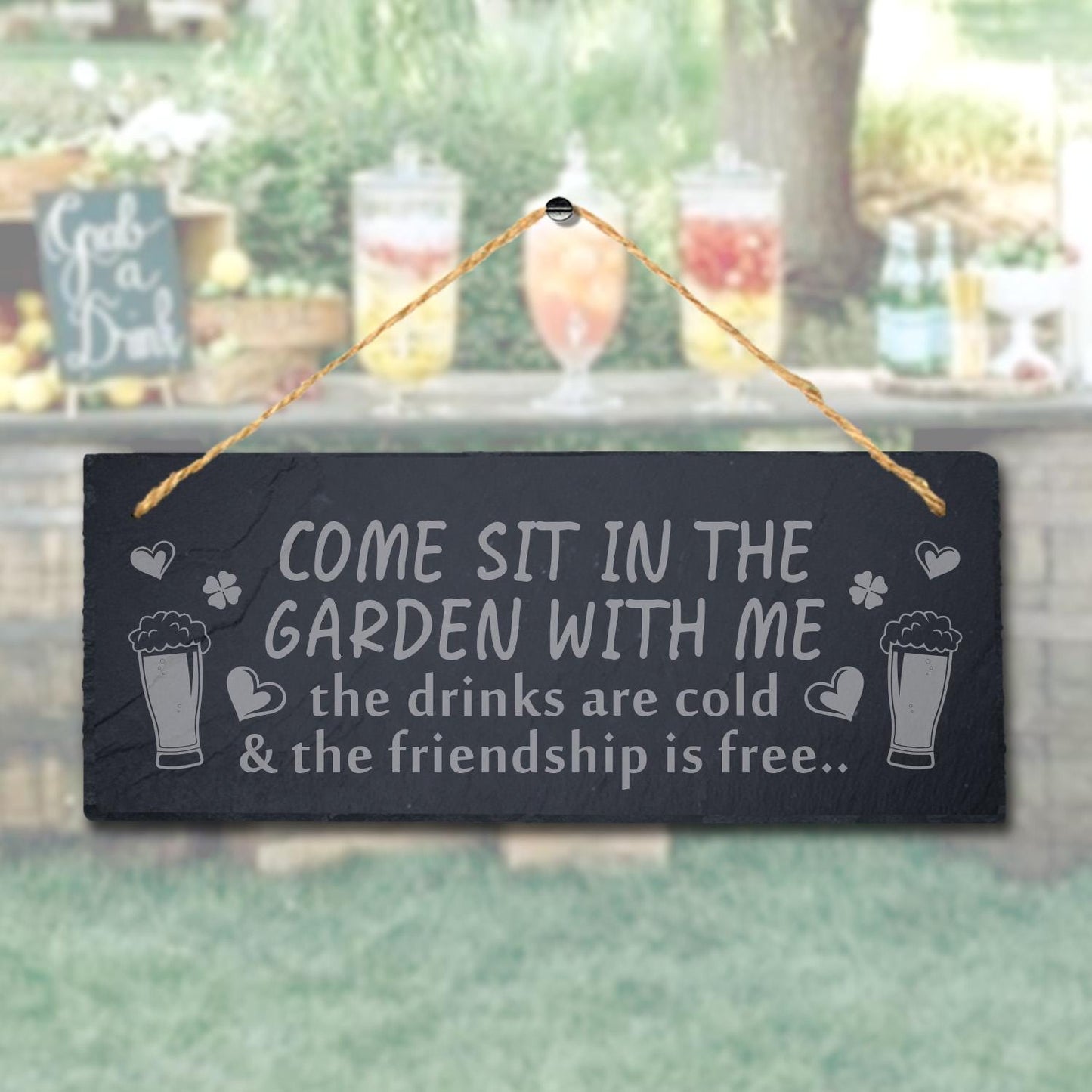 Come Sit In Garden With Me Friendship Engraved Hanging Slate Garden Plaque Sign
