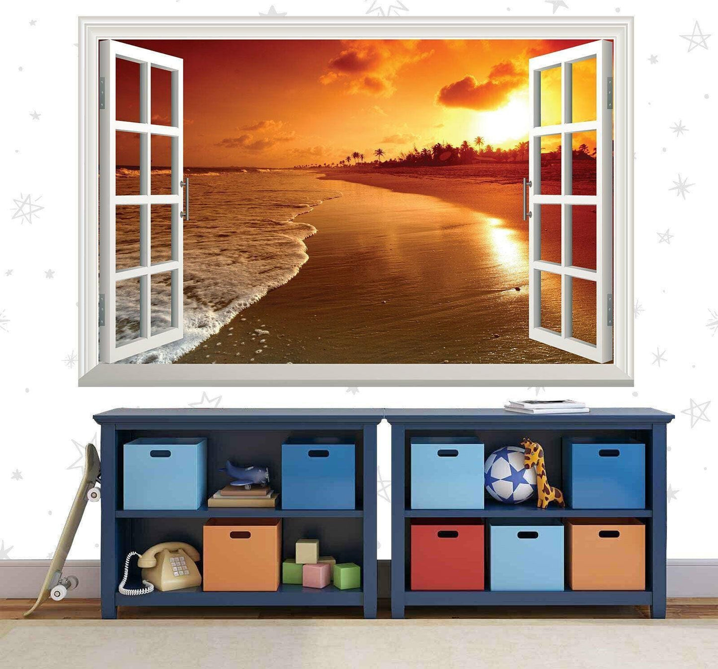 Sunset Beach Window View Wall Decal: Tropical 3D Vinyl Poster