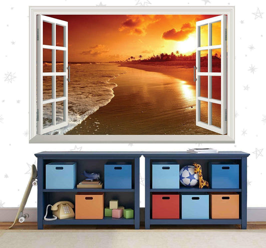 Sunset Beach Window View Wall Decal: Tropical 3D Vinyl Poster