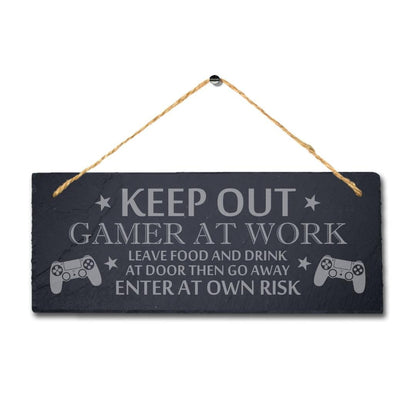 Keep Out Gamer Work Laser Engraved Hanging Slate Video Gaming Door Plaque Sign