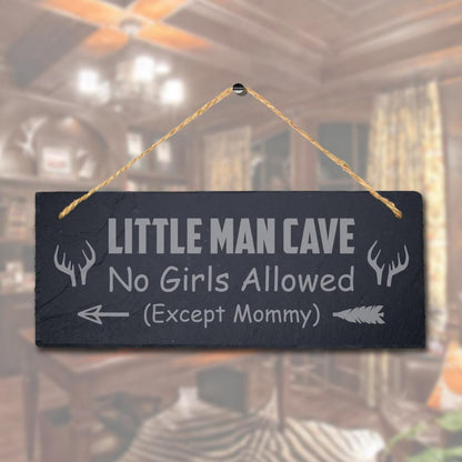 No Girls Allowed Except Mommy Left Arrow Engraved Hanging Slate Plaque Man Cave Sign