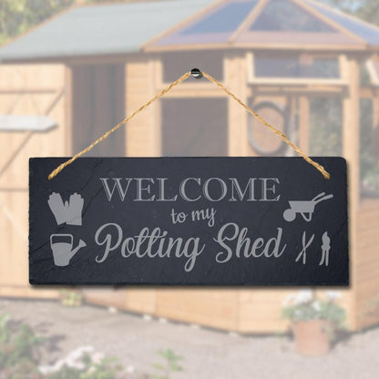 Welcome To My Potting Shed Laser Engraved Hanging Slate Home Shed Plaque Sign