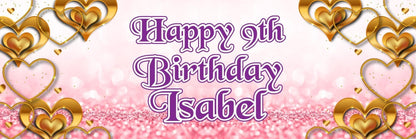 2 Personalised Birthday Celebration Banners Kids Party Decoration Rose Gold Hearts Themed Posters