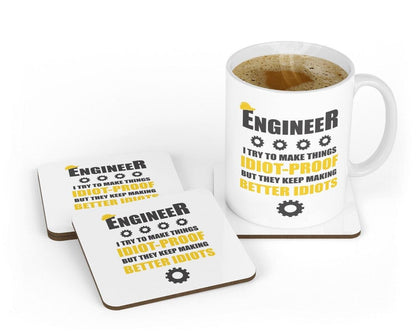 Funny Engineer - I Try To Make Things Idiot Proof, Novelty Coffee Mug & Coaster