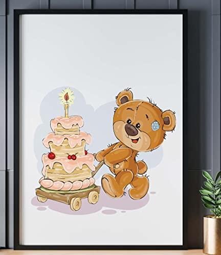 Teddy Bear Birthday Cake Art Print, Nursery Decor Poster