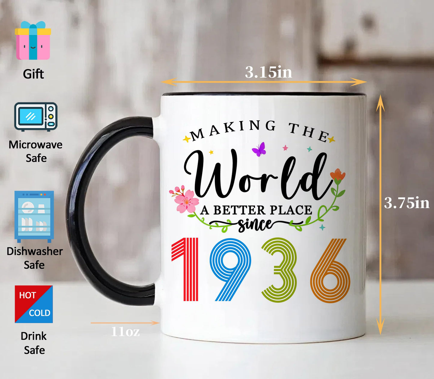1936 90th for Women Men | Ceramic Coffee Mug | Father's Day Gift | Stylish Printed Design | Tea & Coffee Cup | 11oz | Black Two-Tone Design