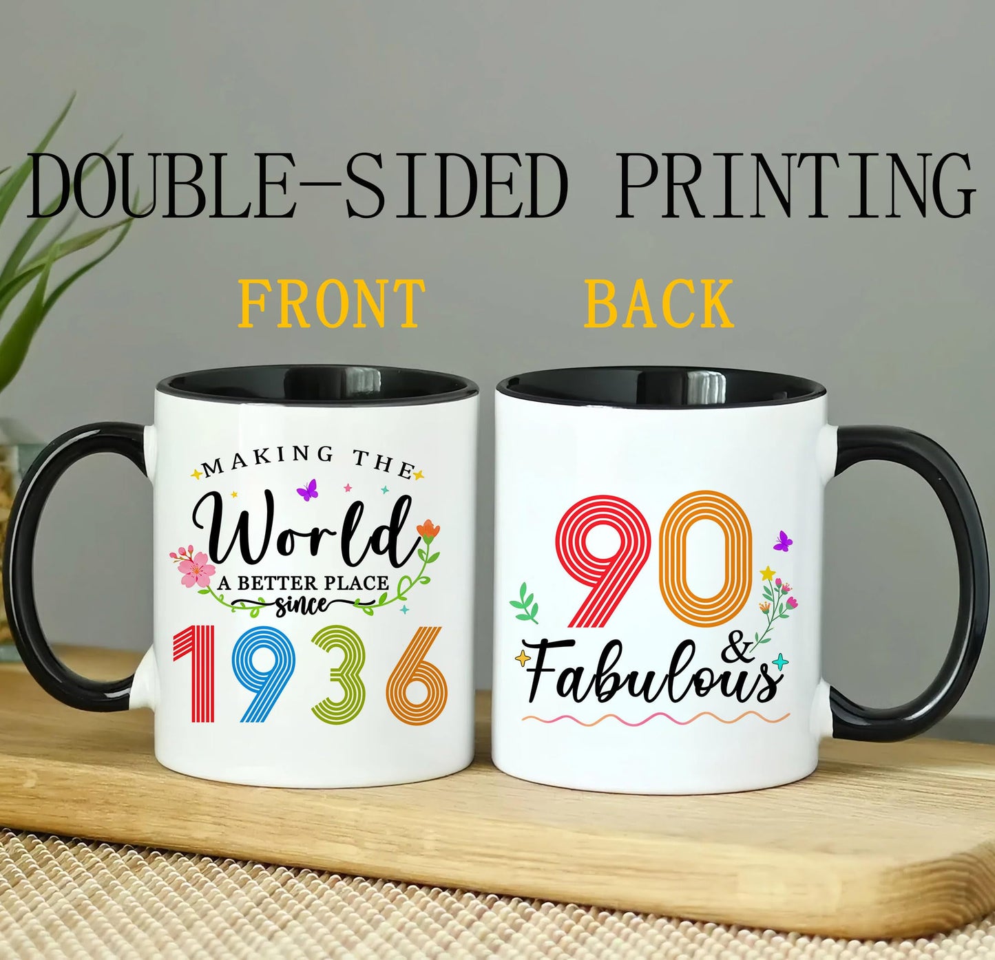 1936 90th for Women Men | Ceramic Coffee Mug | Father's Day Gift | Stylish Printed Design | Tea & Coffee Cup | 11oz | Black Two-Tone Design