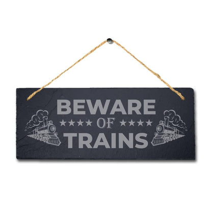 Beware Of Train Laser Engraved Hanging Slate Caution Railway Station Plaque Sign