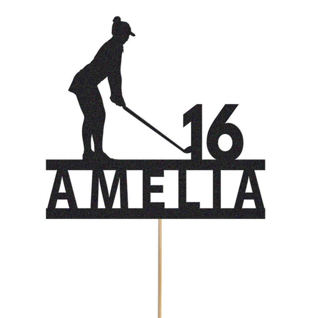 Personalised Glitter Woman Golfer Cake Topper: Any Name & Age