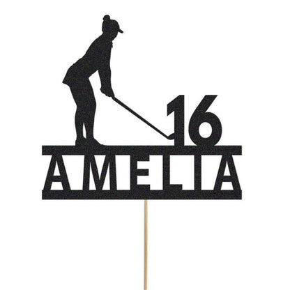 Personalised Glitter Woman Golfer Cake Topper: Any Name & Age