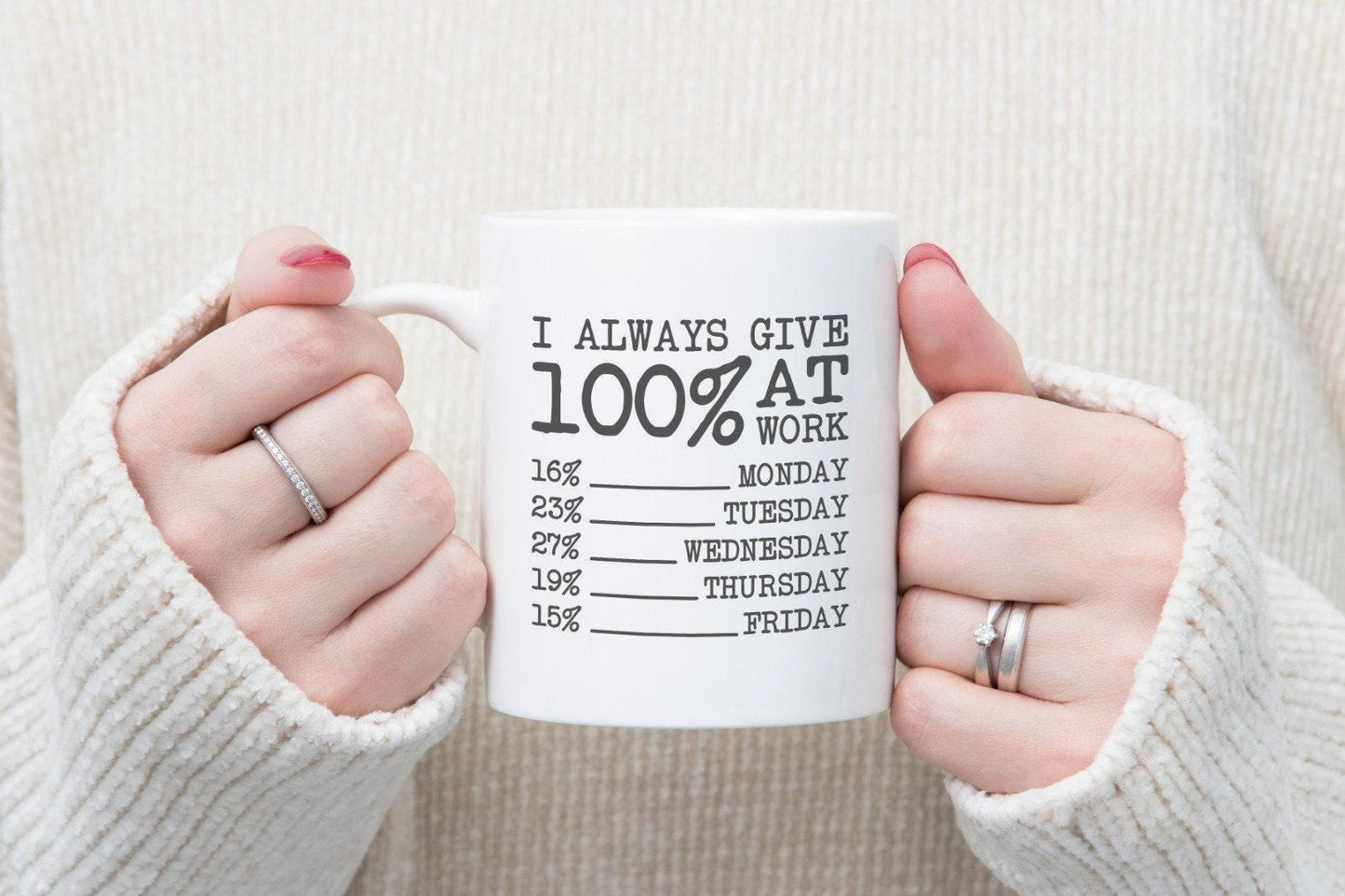 Funny 100% At Work Coffee Mug - Office Humor Gift with Coaster