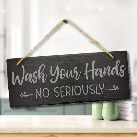 Funny Wash Your Hands Kitchen Bathroom Engraved Hanging Slate Sign Wall Plaque