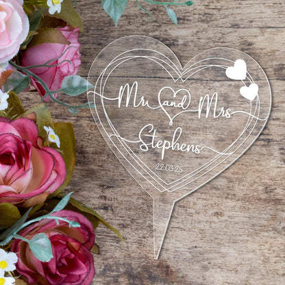 Personalised Heart Wedding Cake Topper Engraved Acrylic Decoration Any Names