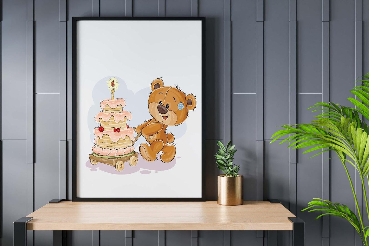 Teddy Bear Birthday Cake Art Print, Nursery Decor Poster