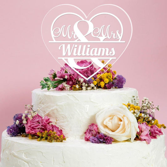 Personalised Mr & Mrs Wedding Cake Topper Engraved Heart Acrylic Decoration Gift