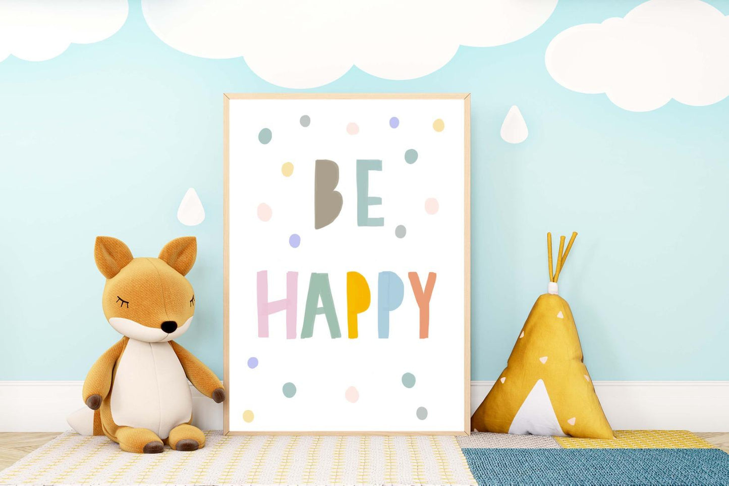Be Happy Kids Boho Watercolour Hand Painted Effect Nursery Decor Wall Art Poster