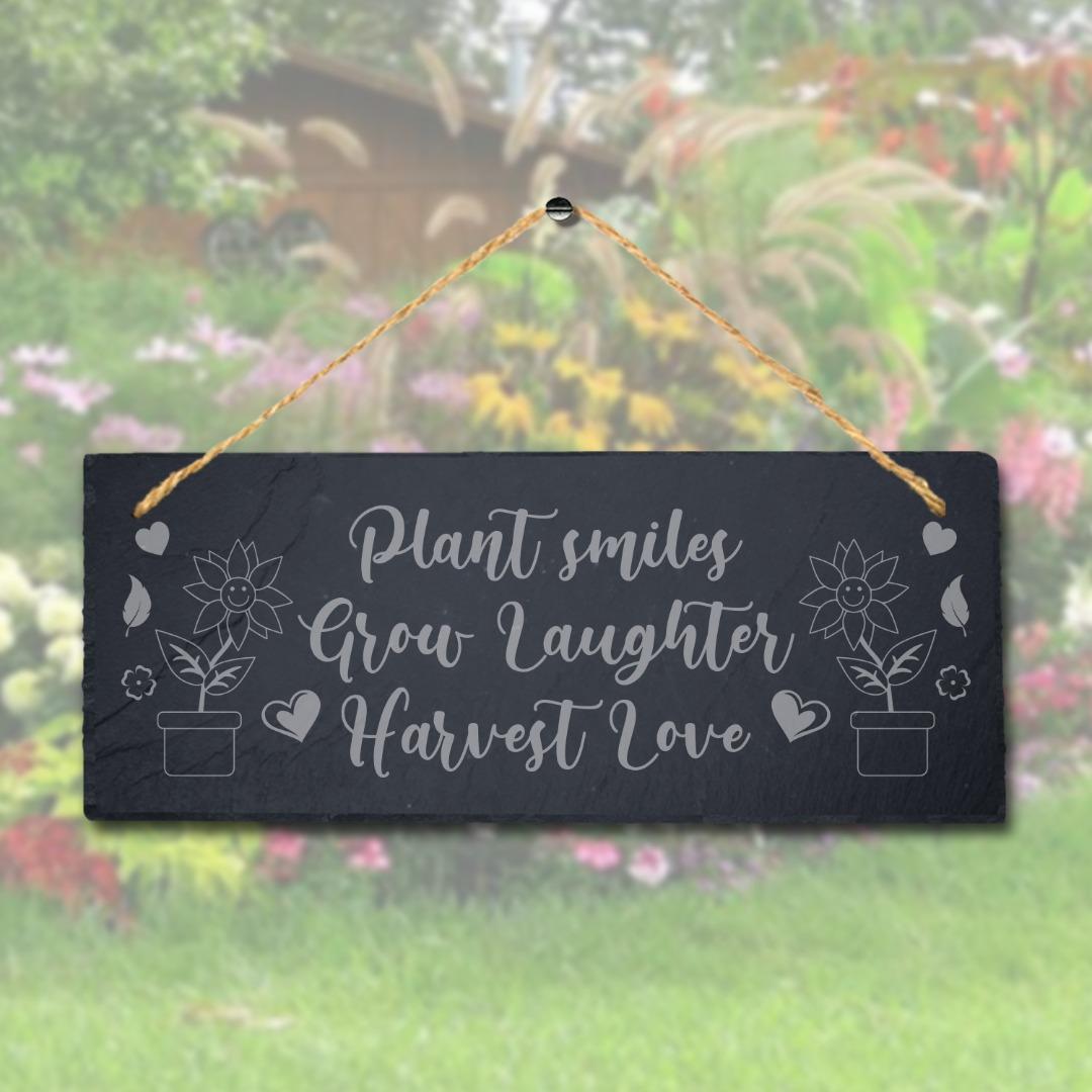 Plant Smile Grow Laughter Harvest Love Engraved Hanging Slate Garden Plaque Sign