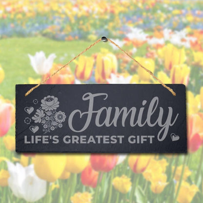 Family Life Greatest Gift Laser Engraved Hanging Slate Home Decor Plaque Sign