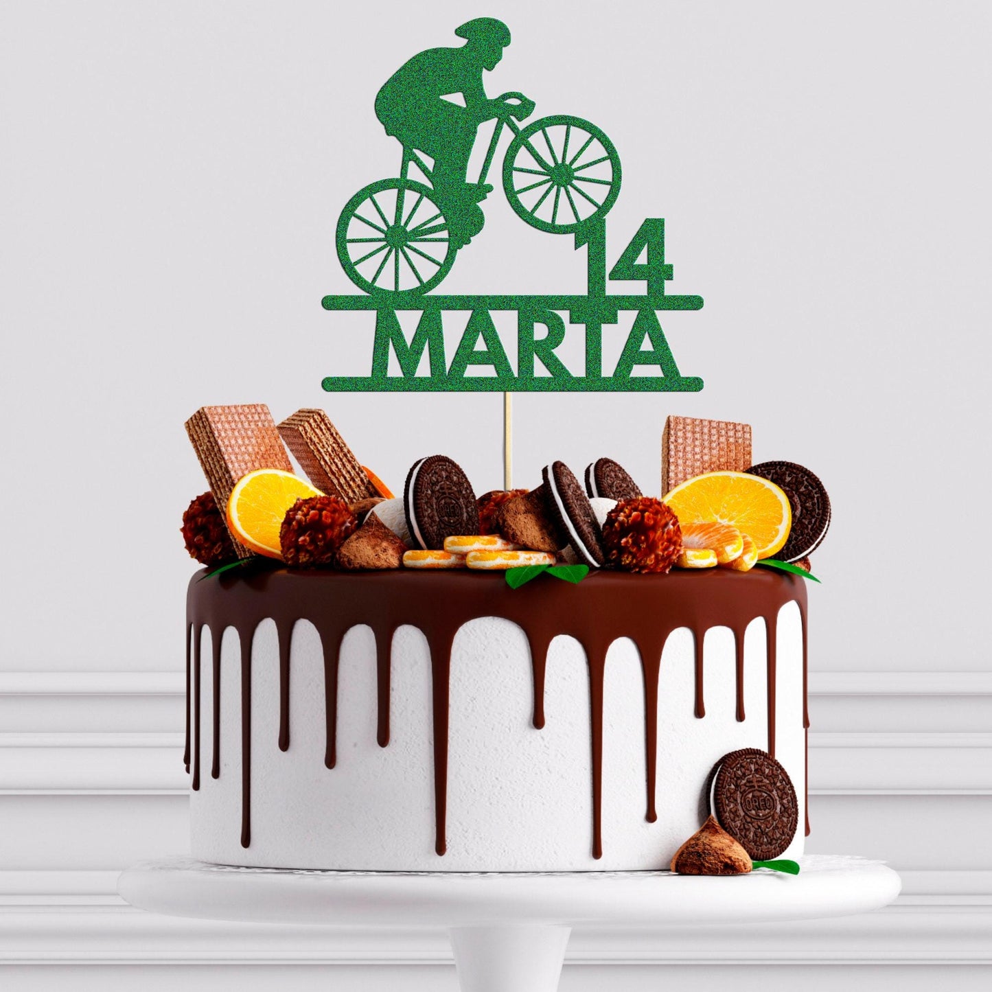Personalised Bicycle Cake Topper: Glitter Cyclist Birthday Decoration