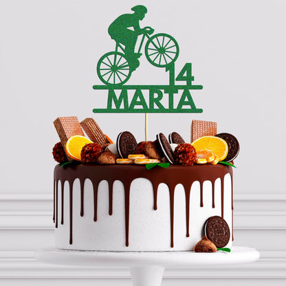Personalised Bicycle Cake Topper: Glitter Cyclist Birthday Decoration