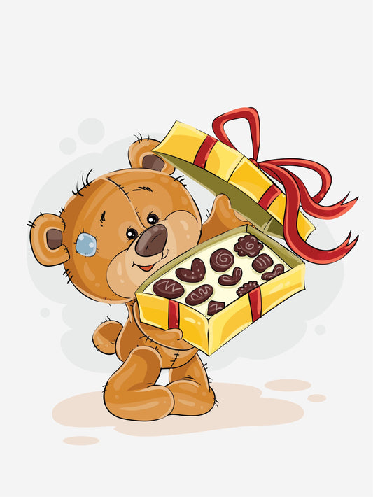 Teddy Bear Chocolate Gift Art Print: Scandinavian Nursery Decor