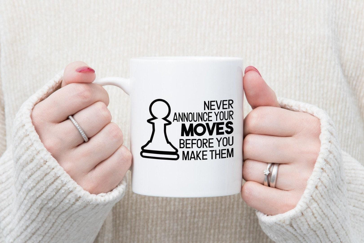 Chess Lover Mug: Never Announce Your Moves, Ceramic Coffee Cup Gift