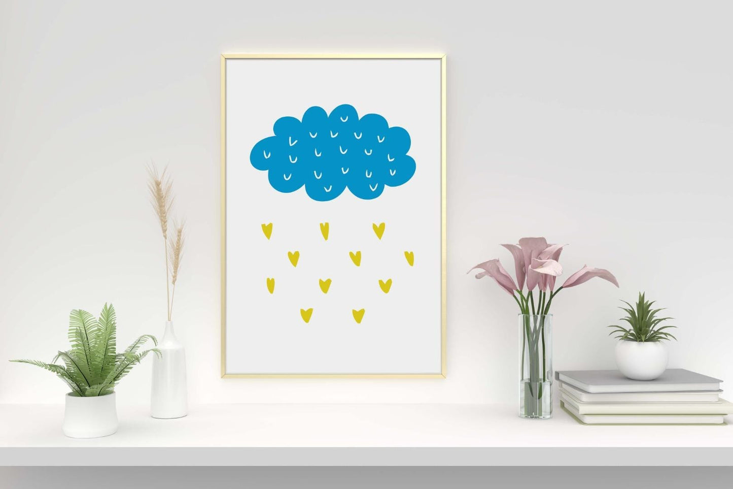 Blue Cloud Raining Hearts Nursery Bedroom Boys Girls Wall Decor Art Poster Print