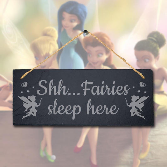 Shhh Fairies Sleep Here Laser Engraved Hanging Slate Garden Decor Plaque Sign