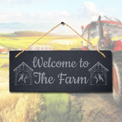 Welcome To The Farm Laser Engraved Hanging Slate Farmhouse Decor Plaque Sign
