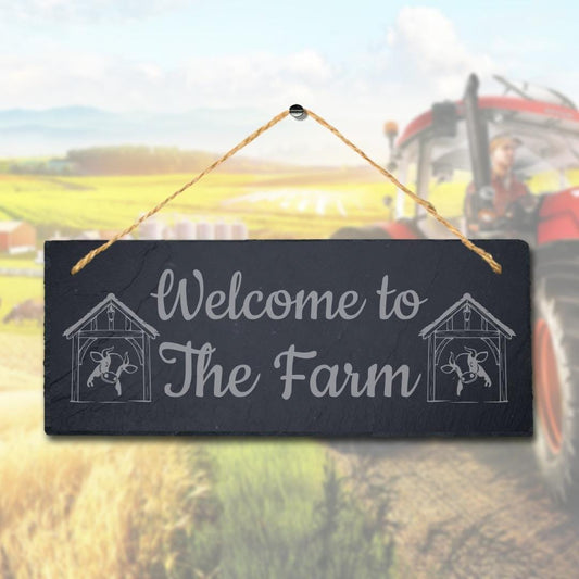 Welcome To The Farm Laser Engraved Hanging Slate Farmhouse Decor Plaque Sign