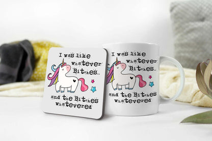 I Was Like Whatever Bitches Mug And Coaster Gift Set Funny Unicorn Coffee Cup
