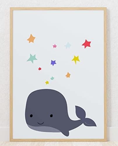 Cute Whale Stars Nursery Bedroom Boys Girls Wall Decor Art Poster Print