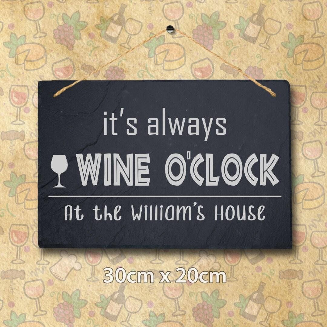 Wine Oclock Personalised Hanging Slate Sign Bar Decor Engraved Gift Custom