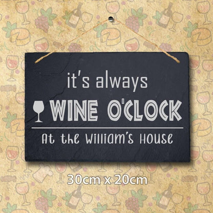 Wine Oclock Personalised Hanging Slate Sign Bar Decor Engraved Gift Custom