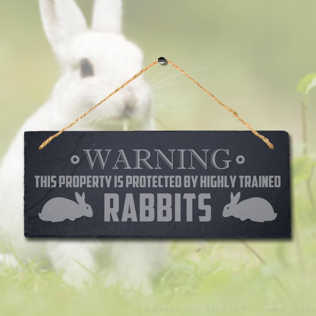 Horizontal Rabbit Plaque Warning Property Is Protected By Trained Rabbits Hanging Slate Bunny P ...