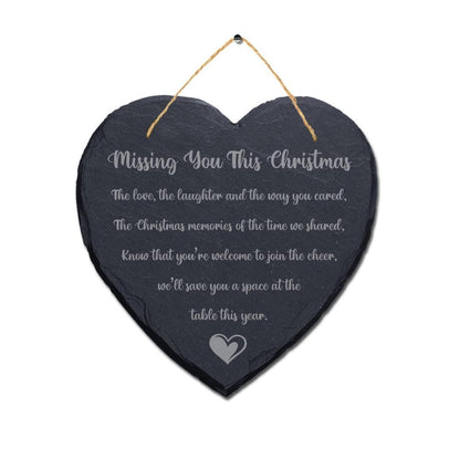 Missing You This Christmas Engraved Hanging Memorial Heart Shape Slate Plaque Sign