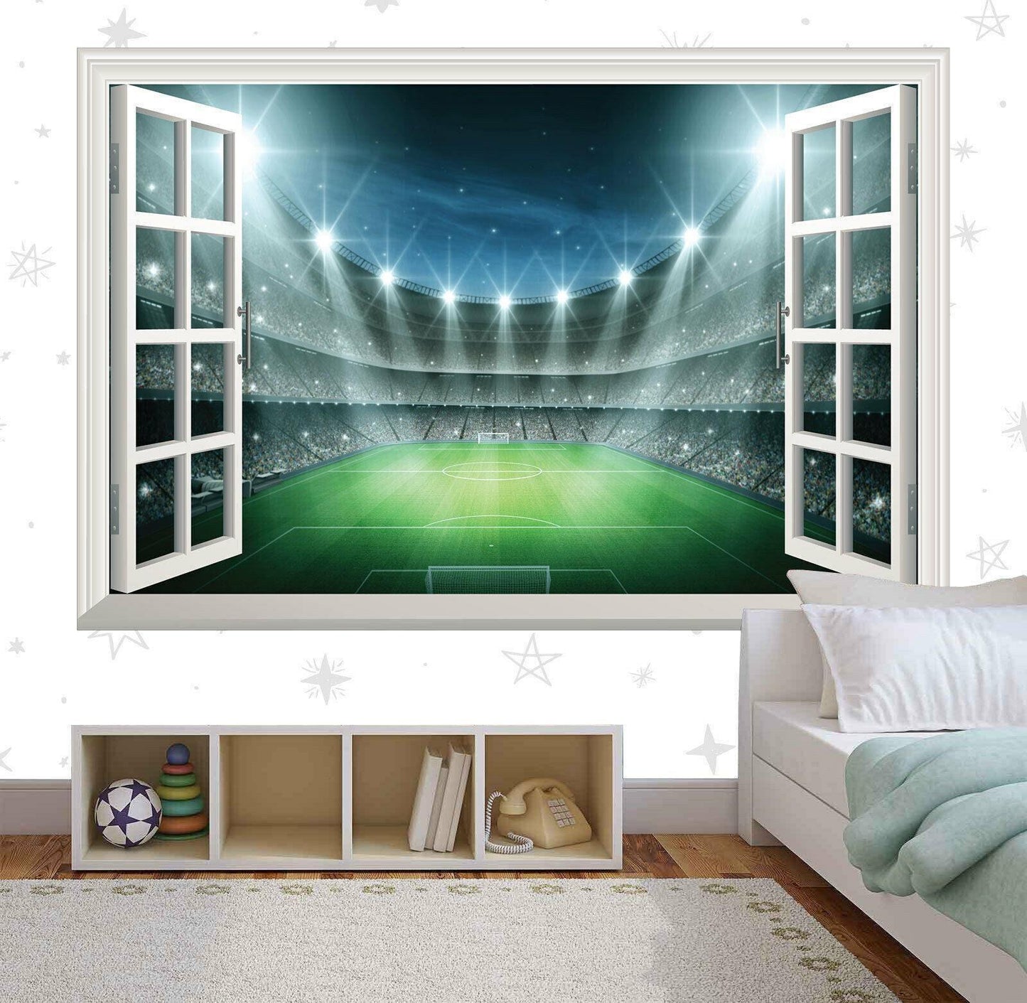 Football Stadium 3D Window View Wall Decal: Sports Bedroom Mural