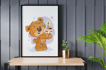Teddy Bear Birthday Cake Poster: Scandinavian Nursery Art Print