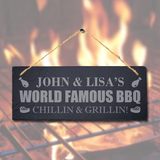 Personalised World Famous Bbq Laser Engraved Hanging Slate Party Plaque Sign