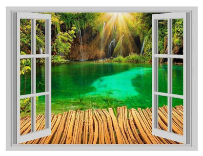 Green Lagoon Waterfall Wall Decal: 3D Window View Mural (45cm x 60cm)
