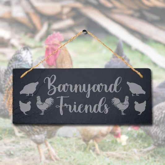 Barnyard Friends Laser Engraved Hanging Slate Hen Cock Plaque Chicken Farm Sign