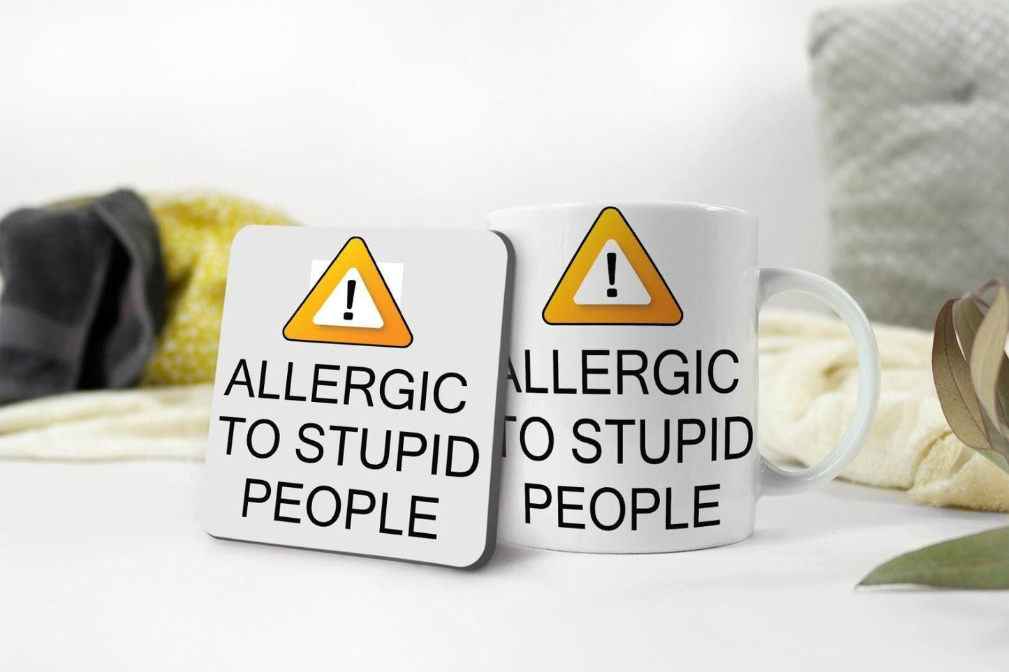 Allergic To Stupid People Mug & Coaster Birthday Christmas Novelty Tea Gift Set