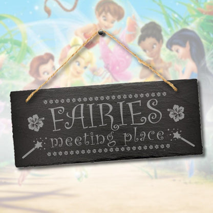 Fairies Meeting Place Engraved Hanging Slate Sign Gardening Gift Garden Outdoor