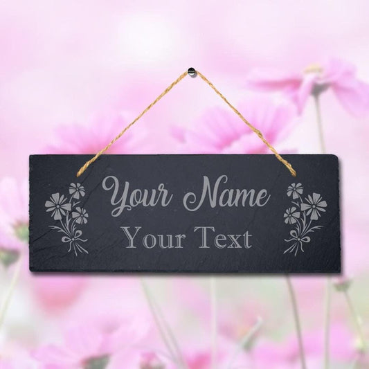 Personalised Name Text Laser Engraved Hanging Slate Flower Garden Plaque Sign