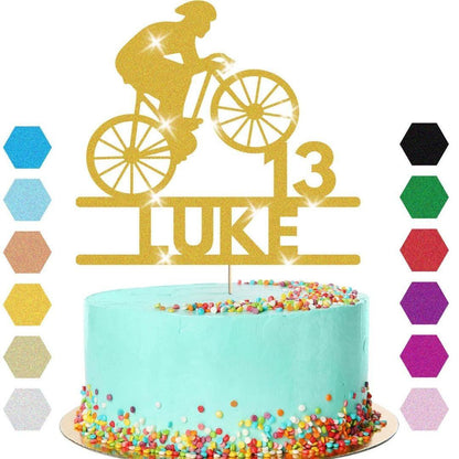 Personalised Glitter Bicycle Cake Topper: Cyclist Birthday Party Decor