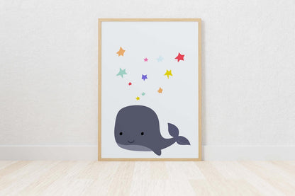 Cute Whale Stars Nursery Bedroom Boys Girls Wall Decor Art Poster Print