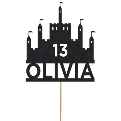 Personalised Glitter Princess Castle Cake Topper: Custom Name & Age