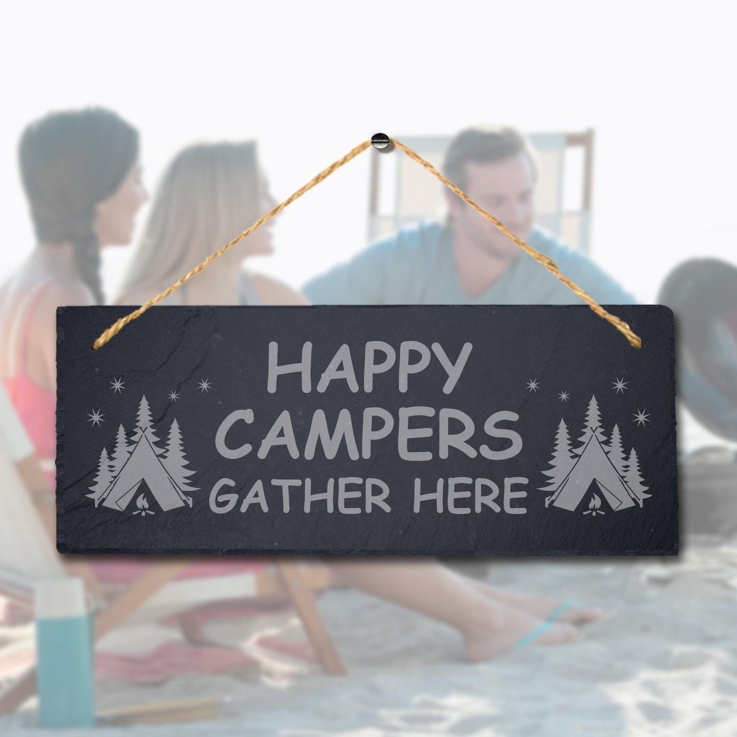 Happy Campers Gather Here Laser Engraved Hanging Slate Camping Decor Plaque Sign